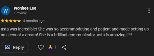 Digital review showing 5-star rating and praise for community programs